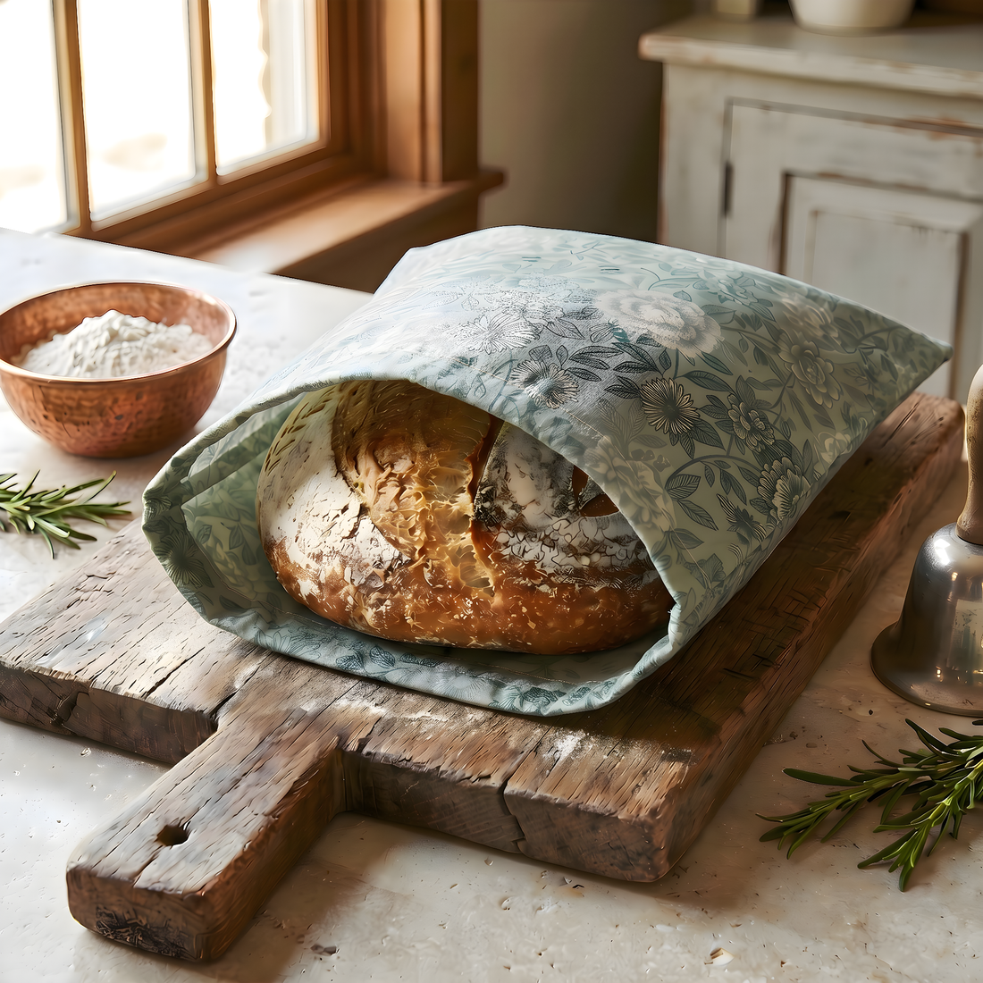 Sourdough loaf in a floral handmade bread bag